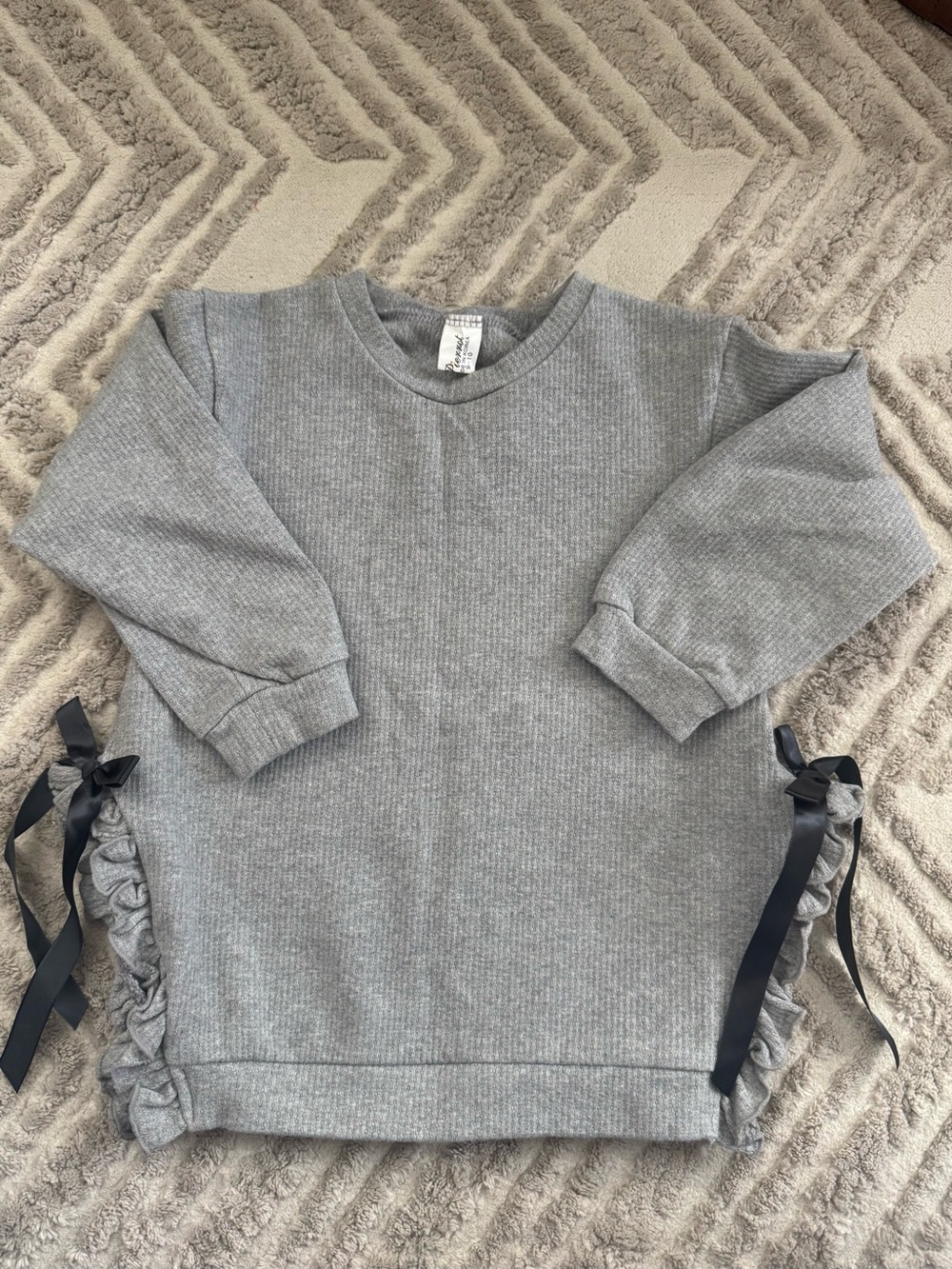Girls' Gray Ruffle Side Sweatshirt with Black Ribbon Ties